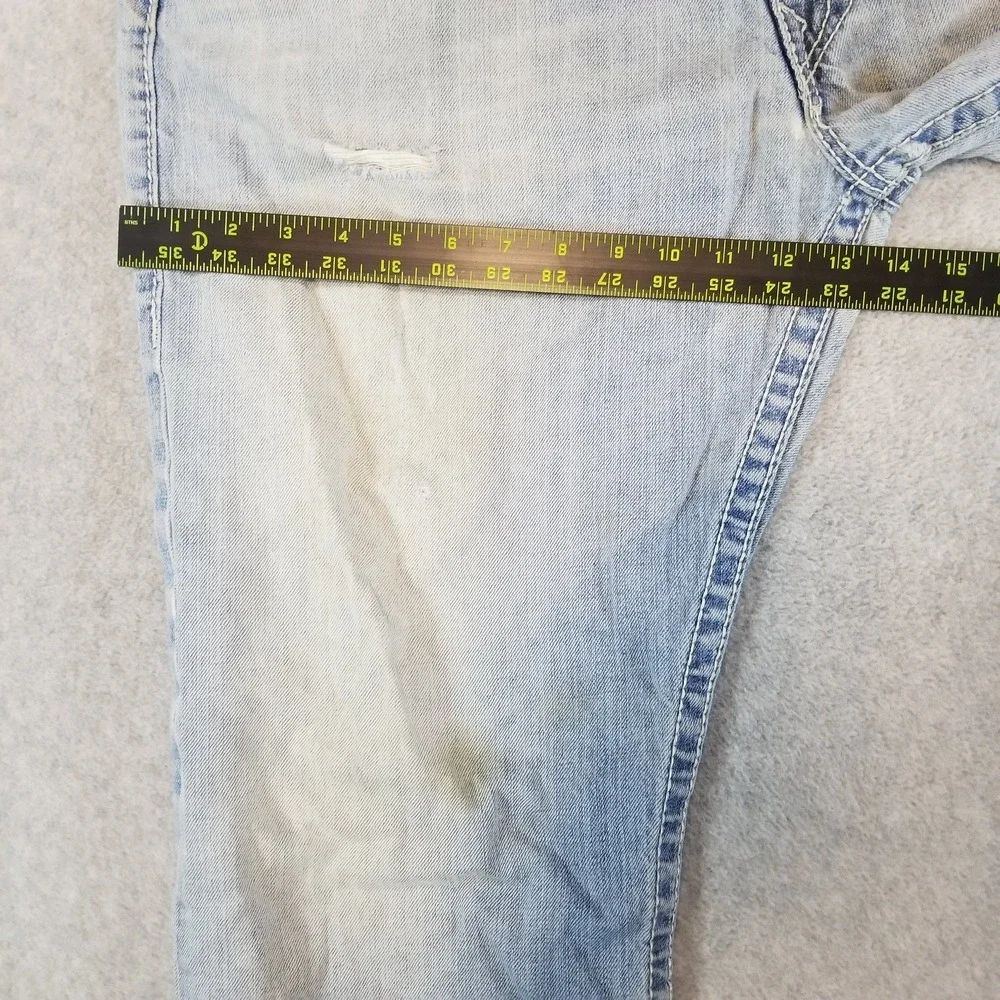 True Religion Jeans Mens 40 Light Wash Blue Distressed Straight Flap Pocket USA